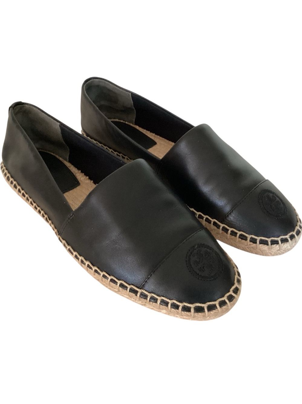 Tory Burch Black Leather Slip On Espadrilles Shoes Size 7